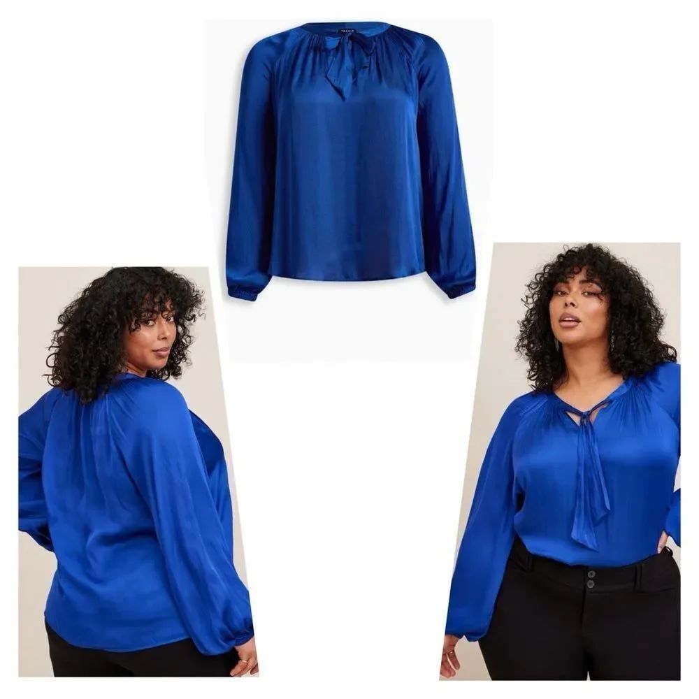 Torrid Satin Tie-Front Peasant Blouse Color:
Surf The Web Blue Size 0 = L